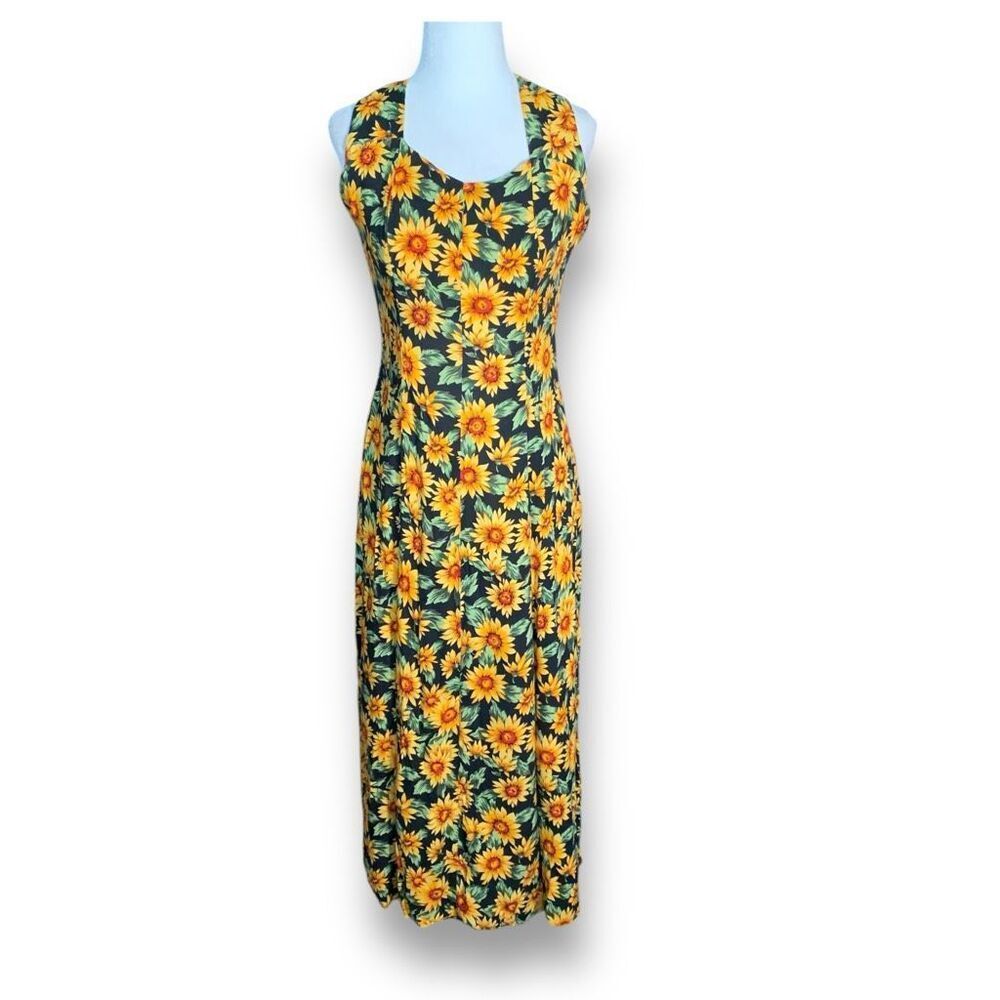 Vintage 90s Maxi Dress Sunflower Dark Floral Printed Black Sleeveless Cross-Back - Picture 2 of 12